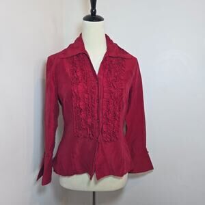Anne Carson Silk Pleated Ruffle Button Up Top Sz S Victorian Romantic Fairy